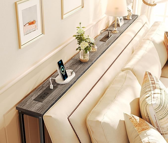 SUPERJARE 5.7 Inch Console Table with Outlet, Sofa Table, Behind Couch Table, 5.7 x 39.4 x 29.7 Inches, Metal Frame, Charging Station, Charcoal Grey