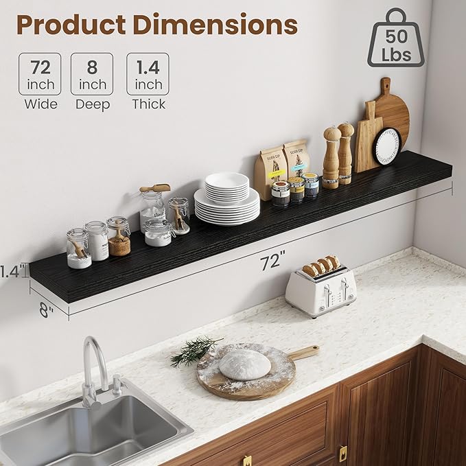 72 Inch Floating Shelves for Wall, 8 Inch Deep Floating Shelf for Storage & Display, Rustic Wall Mounted Shelf with Invisible Brackets for Living Room, Kitchen, Bathroom, Home Decor, Set of 2, Black