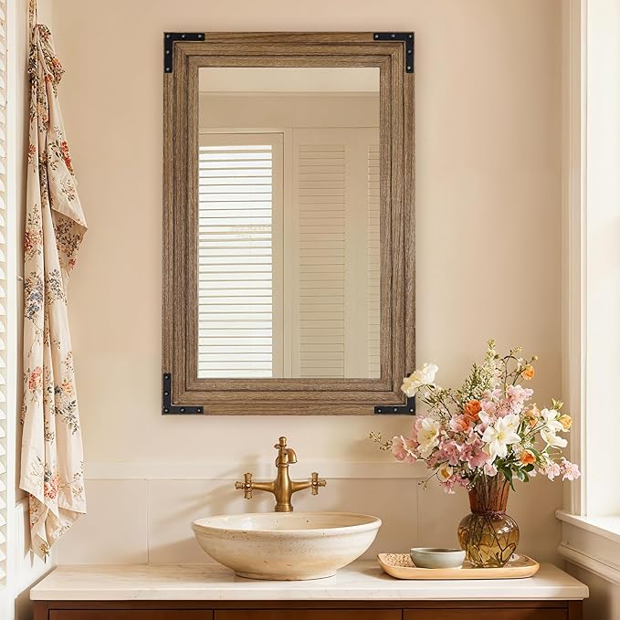 Full Length Mirror 30"x20" Solid Wood Frame Floor Standing Mirror, Hanging or Leaning Wall-Mounted for Living Room, Bedroom, Oak Color