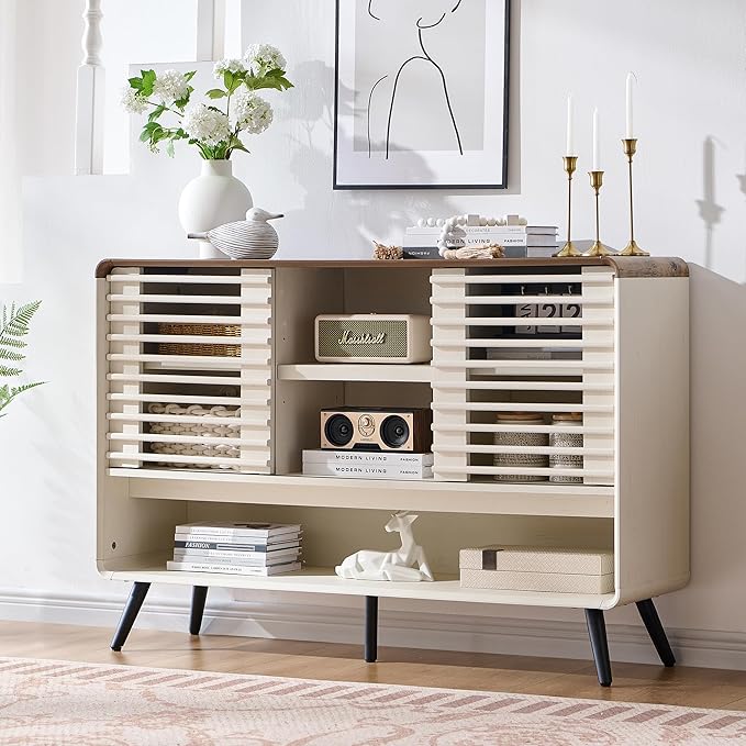 RedLemon 46" Entryway Table, Mid Century Modern Console Table with Slatted Sliding Door, Storage Shelf Wood Sofa Table Behind Couch for Hallway, Living Room, Foyer, Antique White