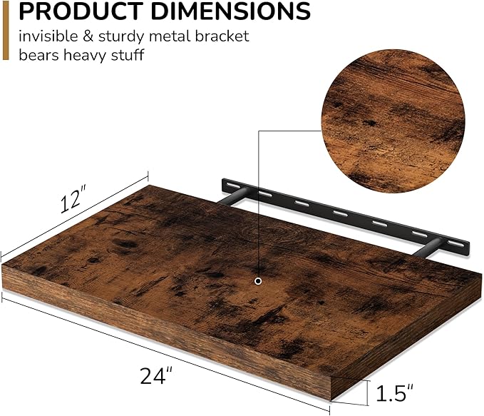 Fun Memories Floating Shelves - 2 Pack 12 Inch Deep Rustic Wooden Wall Shelves - Extra Deeper & Thicker Wall Mounted Storage Shelf for Living Room, Kitchen, Farmhouse - 24" W x 12" D x 1.5" H - Brown