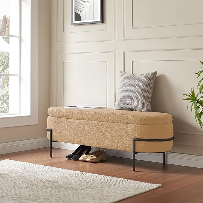 Sherpa Storage Ottoman Bench for Bedroom, Beige End of Bed Bench with Storage, Upholstered Boucle Storage Bench with Metal Stand and Hinges, Oval Ottoman for Living Room, 45 Inch