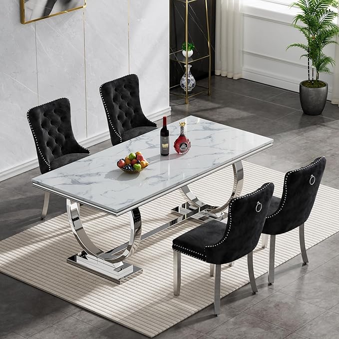 Goujxcy 5 Piece Marble Dining Table Set for 4, Luxury 70" White Marble Silver Kitchen Table with 4 Black Velvet Upholstered Chairs, Modern 4 Person Dining Room Table Set for Kicken Dining Office Room