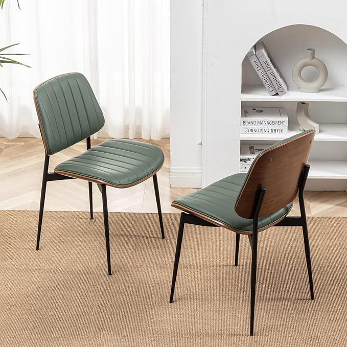 LUNLING Dining Chairs Set of 4 Mid Century Modern Retro Faux Leather Chair with Walnut Bentwood Upholstered Seat Metal Legs Chairs,Adjustable Foot for Kitchen Dining Room Chairs(Green)