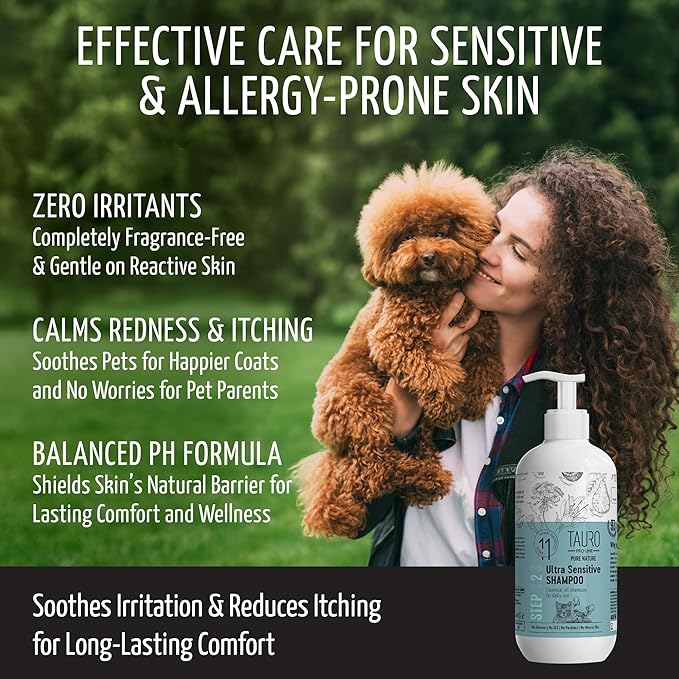 Tauro Pro Line Hypoallergenic Dog Shampoo Itchy Skin Relief, Moisturizing, Anti Itch Cat & Puppy Shampoo (Ultra Sensitive - 13.5 Fl Oz)