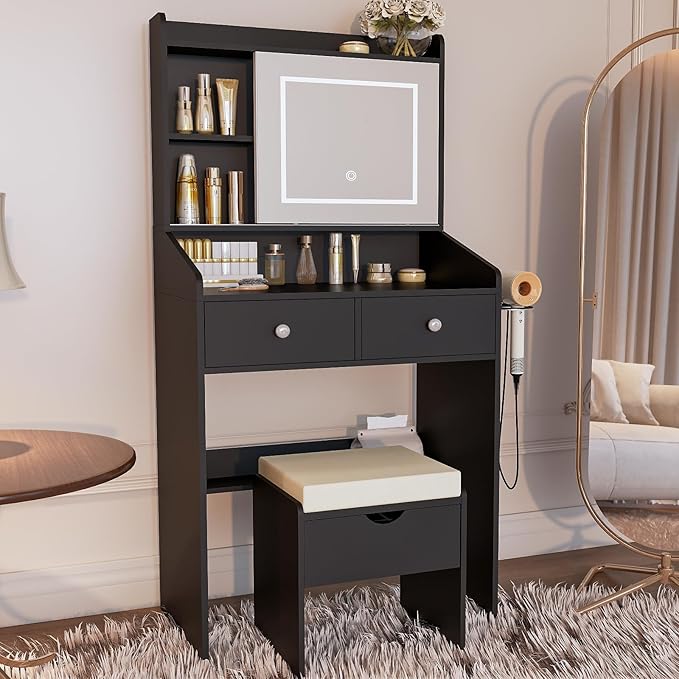Vanity, Small Vanity Desk with Sliding Mirror, Dimmable LED Lights, 2 Drawers,Vanity Table Ideal for Bedroom (Black)