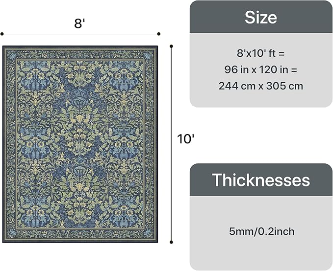 GENIMO 8x10 Washable Area Rug, Non-Slip Vintage Boho Floral Carpet, Soft Low-Pile Thin Living Room Rug for Bedroom, Dining Room, Nursery, Dark Blue