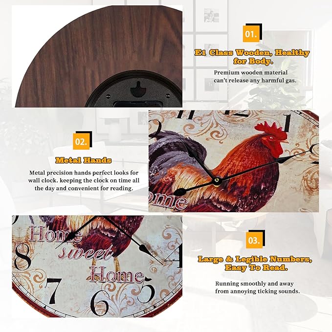 24 Inch Large Vintage Rooster Clock for Living Room,Silent Retro Farmhouse Wall Clock for Kitchen Bedroom,Rustic No-Ticking Wall Clock Battery Operated for Home Office School