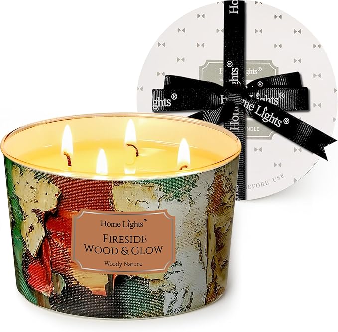 HomeLights 4-Wick Candles for Home Scented - 18oz Soy Wax Blend Candle Long-Lasting Fragrance, Industrial Chic Home Decor and Housewarming Gifts, Fireside Wood & Glow