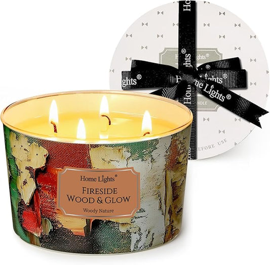 HomeLights 4-Wick Candles for Home Scented - 18oz Soy Wax Blend Candle Long-Lasting Fragrance, Industrial Chic Home Decor and Housewarming Gifts, Fireside Wood & Glow