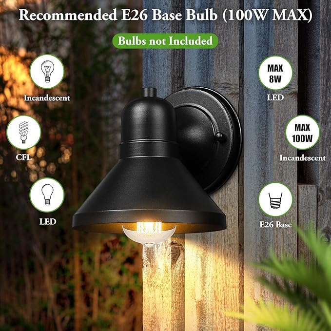 Brightever Outdoor Lanterns, 2-Pack Exterior Light Fixtures, Waterproof Anti-Rust Black Wall Mount Lights, Small E26 Socket Outside Lights for House, Front Porch, Playhouse, Garage