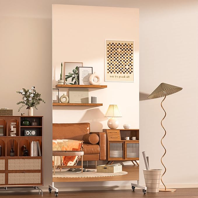 Hasipu Home Gym Mirror 360° Swivel on Wheels, 74.8" x 31.4" Extra Large Full Body Rolling Mirror for Yoga Studio, Bedroom, Dancing Studio, White