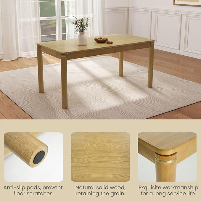 63" Dining Table for 4-6 People, Modern Farmhouse Rectangular Kitchen Table with Solid Wood Legs & Gold Trim, Large Long Dining Room Table for Living Room, Natural (Table Only)