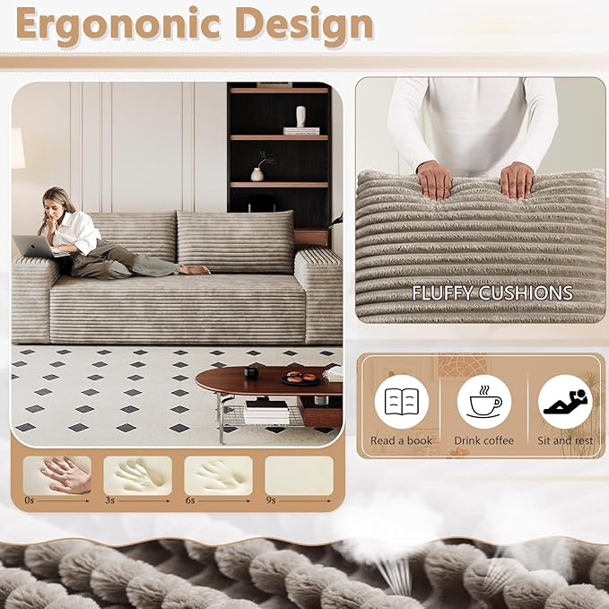 Cloud Loveseat Sofa, Modern Corduroy 2-Seater Couch with Deep Seat, No Assembly Required Memory Foam Sofa, Boneless Sofa in a Box for Bedroom, Apartment, Office,Small Space (Camel,70.8in)