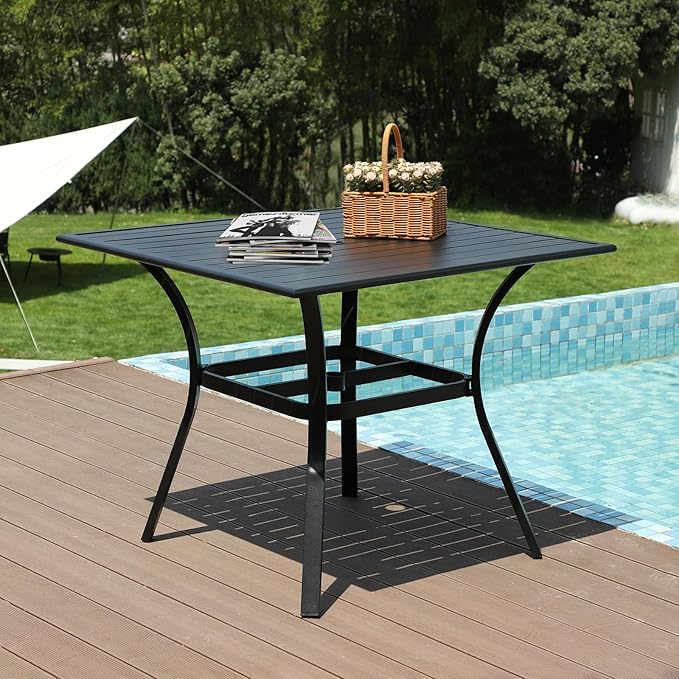 LVUYOYO Outdoor Patio Dining Table, Metal Square Table with Umbrella Hole, All-Weather Furniture for Backyard, Garden,Balcony,Porch (Black)