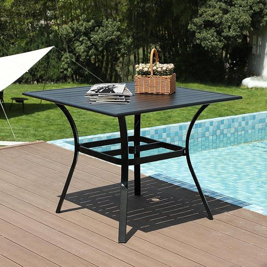 LVUYOYO Outdoor Patio Dining Table, Metal Square Table with Umbrella Hole, All-Weather Furniture for Backyard, Garden,Balcony,Porch (Black)