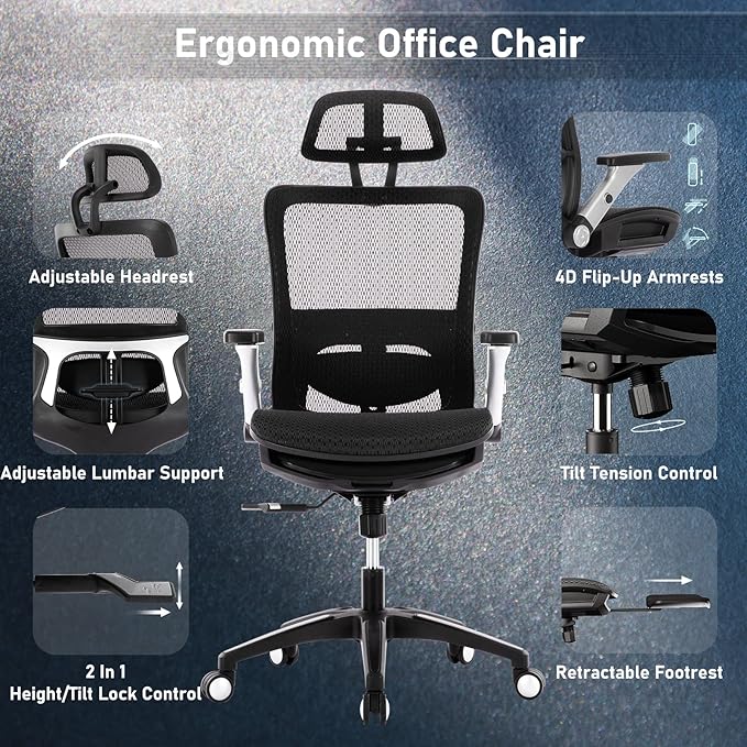 COLAMY Ergonomic Mesh Office Chair with Footrest, High Back Computer Executive Desk Chair with Headrest and 4D Flip-up Armrests, Adjustable Tilt Lock and Lumbar Support-Black