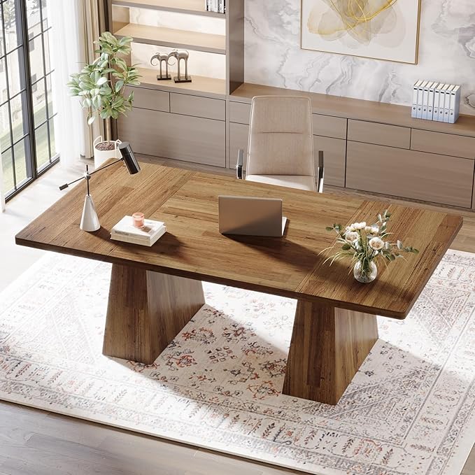 Tribesigns 63-Inch Executive Desk, Large Office Computer Desk with Double Pedestal, Modern Simple Workstations Writing Table Conference Table Business Furniture for Home Office, Light Brown