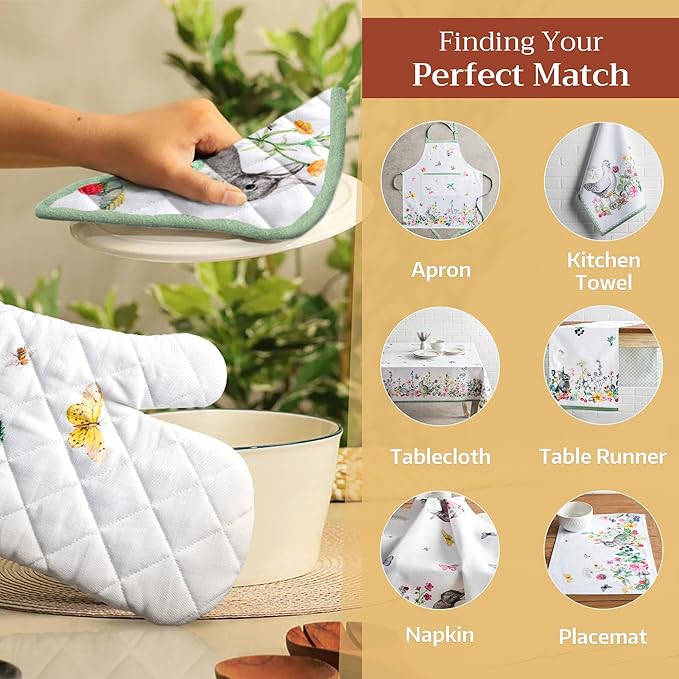 Maison d' Hermine Oven Gloves 100% Cotton Oven Mitt 7" x 13" with Loop Heat Resistant, BBQ, Cooking Gloves, Baking, Grilling, Kitchen, Handling Hot Pans Spring/Summer (Pack of 1, Printemps)