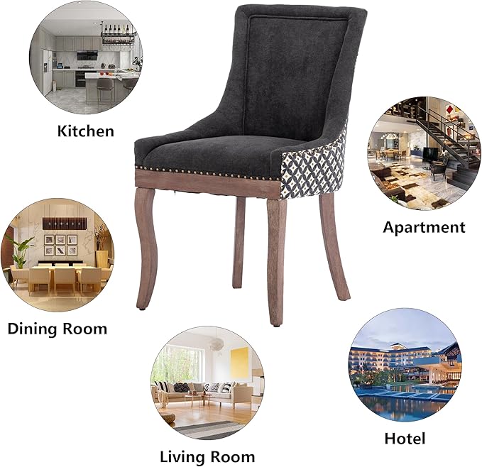 Farmhouse Dining Chairs Set of 6, Upholstered Fabric Dining Room Accent Chairs with Wood Legs & Bronze Nailhead, High Wingback Kitchen Chairs for Living Room Hotel Apartment, Black