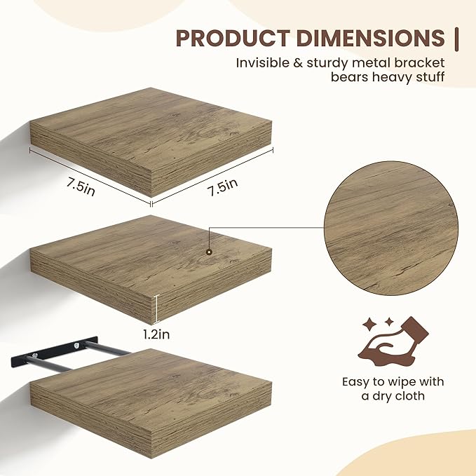 Fun Memories Floating Shelves for Wall - 7.5 Inch Square Shelves with Invisible Brackets, Small Wall Shelf for Living Room, Bathroom, Bedroom, and Kitchen Decor，Grey Set of 3