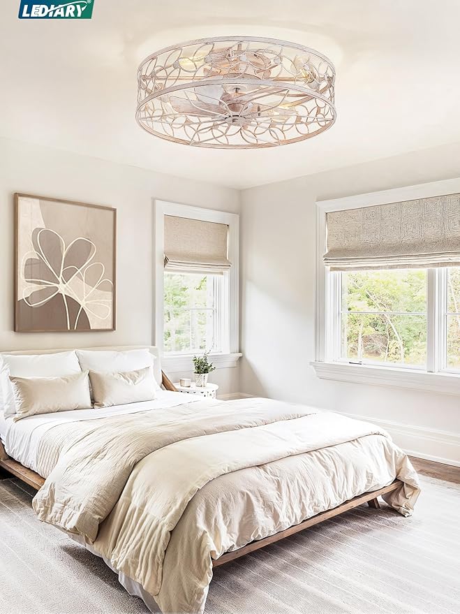 LEDIARY 23 Inch Caged Ceiling Fans with Lights, White Flush Mount Ceiling Fan with Remote, Large Low Profile Bladeless Ceiling Fan Light Fixture for Bedroom, Kitchen, Dining Room-White Gold Color