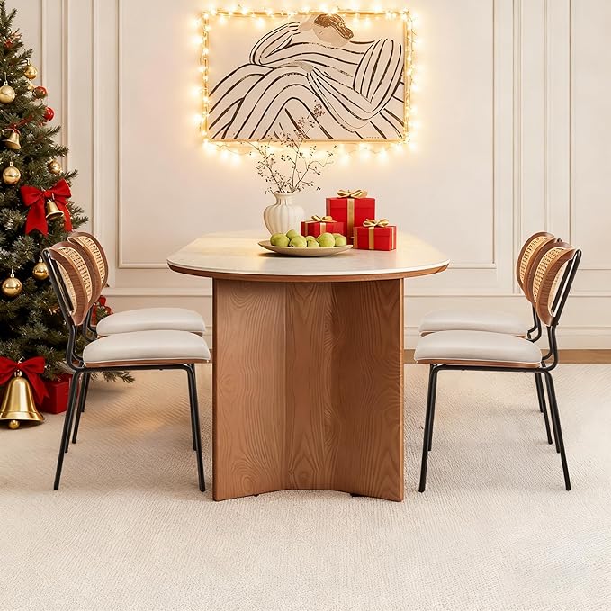 Rattan Dining Chairs Set of 2, Mid Century Modern Dining Chairs with Cane Back for Kitchen Dining Room, 19 Inch Fabric Beige