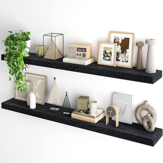 Fun Memories Floating Shelves for Wall, 55Inch Floating Shelves Set of 2, Hanging Shelf with Invisible Brackets, Wood Shelves for Living Room, Bedroom, Kitchen, Black