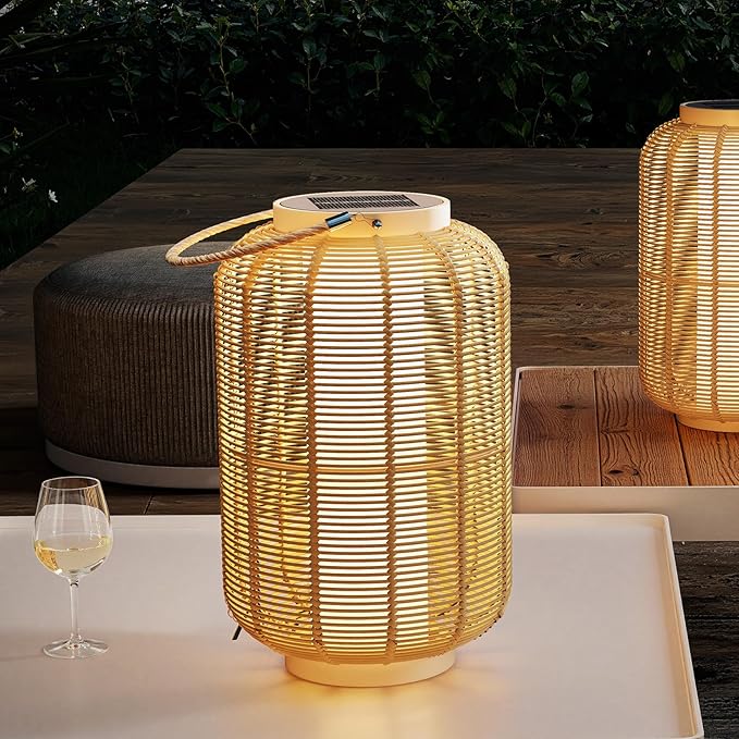 Solar Yard 1-Piece Outdoor Floor Lamp, Solar Water-Resistant Boho Lantern Lights for Outside Hanging Table Lanterns Decoration for Garden, Patio, Porch, Trees, Pathway, Cylinder Natural