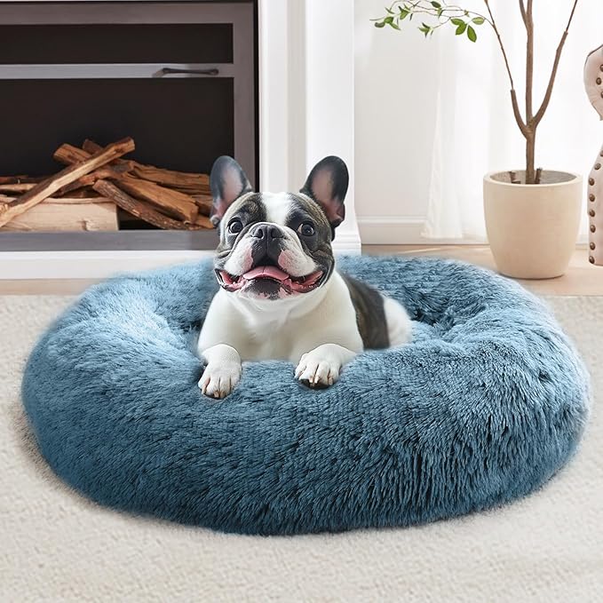 JOLLYVOGUE Calming Dog & Cat Bed for Small Dogs, Anti-Anxiety Donut Cuddler Cozy Soft Round Bed with Anti-Slip Bottom, Fluffy Faux Fur Plush Cushion Beds for Small Medium Pets (23")