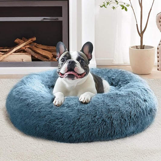 JOLLYVOGUE Calming Dog & Cat Bed for Small Dogs, Anti-Anxiety Donut Cuddler Cozy Soft Round Bed with Anti-Slip Bottom, Fluffy Faux Fur Plush Cushion Beds for Small Medium Pets (23")