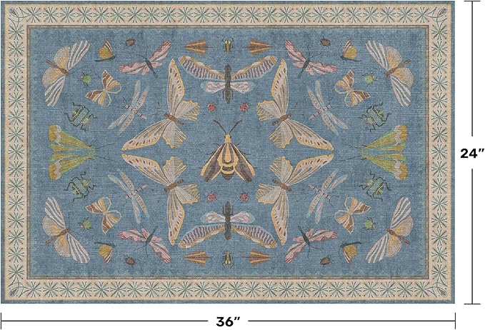 Blue 2x3 Kitchen Rugs Non Slip Washable, 0.25" Low Pile Stain & Fade Resistant, Waterproof Indoor Floor Mat for Entryway, Bathroom, Laundry Room, Boho Insect Floral Decor