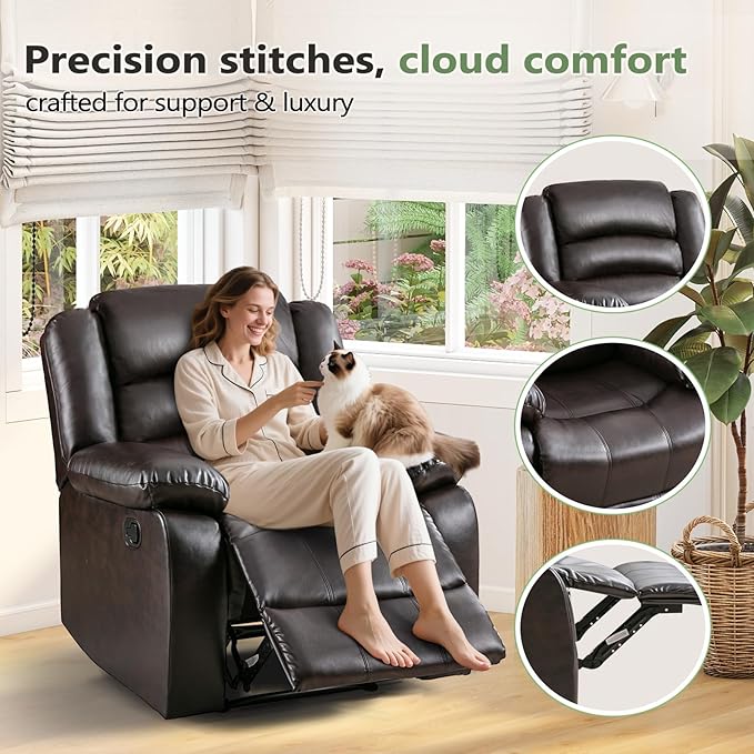 ANJ Manual Recliner Chair, Breathable Faux Leather Reclining Chairs with Overstuffed Arm and Back, Living Room Single Sofa Recliners (Dark Brown)