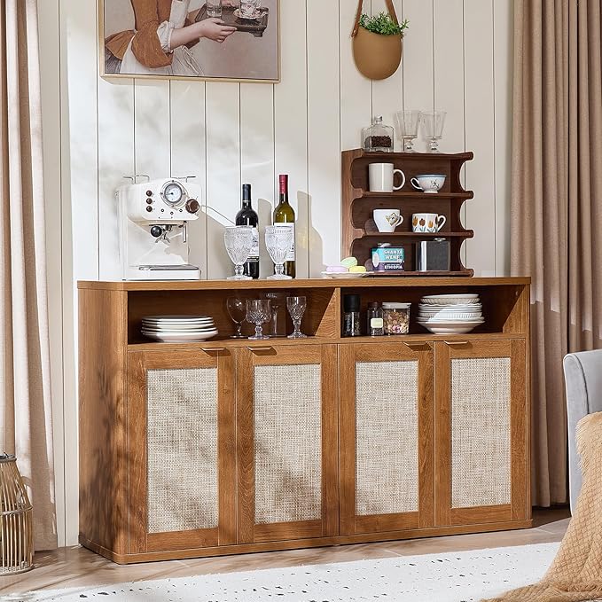 LEYAOYAO Rattan Sideboard Buffet Cabinet,55" Coffee Bar Cabinet with 4 Doors & Open Storage Shelf,Modern Credenza Console Table for Living Room Rattan Farmhouse entryway Brown