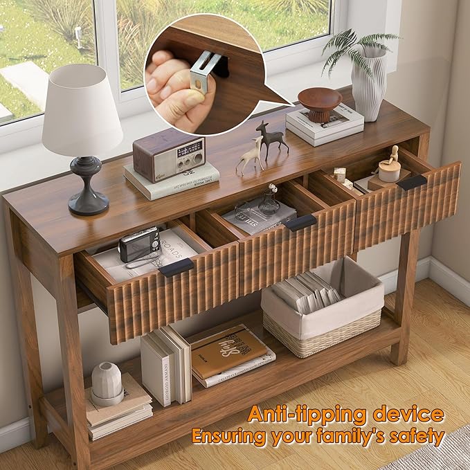 Fluted Console Table, Wooden Sofa Table with Storage and Drawers, Farmhouse Behind Couch Table Entryway Table for Entrance, Hallway, Living Room, Brown