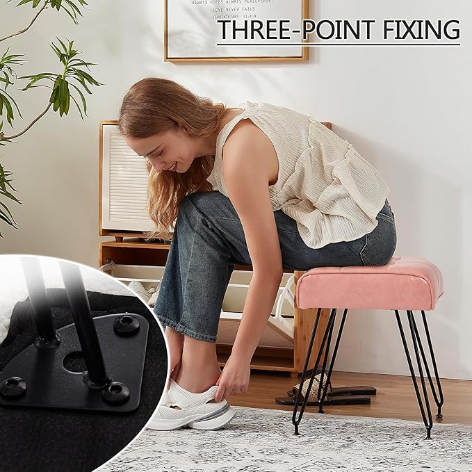 PU Leather Vanity Stools, Vanity Stool Chairs for Makeup Faux Leather Foot Stools Ottoman with Metal Leg Make up Chairs for Vanity Small Bench Seat for Living Room Bedroom (Pink)