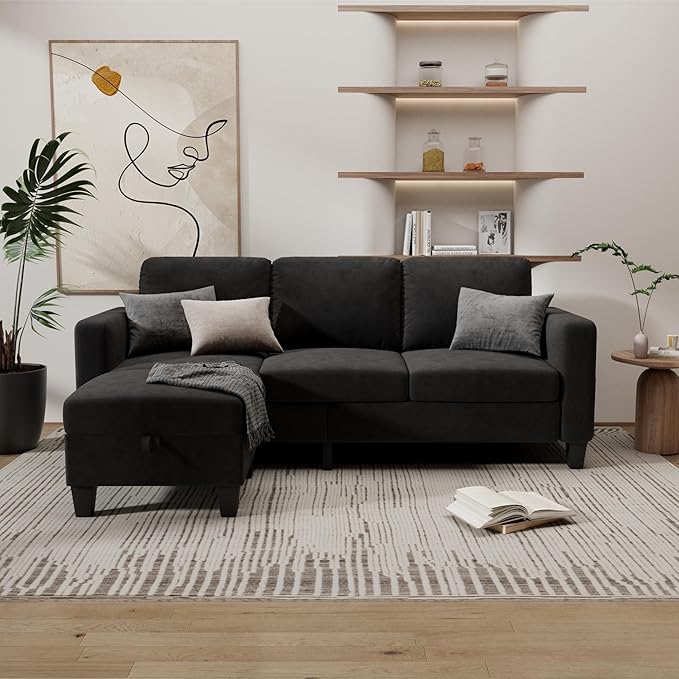 Sectional and Sofa Couches for Living Room, 3-Seater L-Shaped Sofa with Storage Ottoman, Pet-Friendly Washable Velvet Linen Fabric, Convertible Couches for Small Apartments, Bedroom (Black)