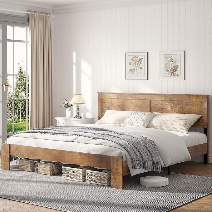 Wooden Bed Frame King Size with Headboard, Farmhouse Platform Bedframe with Wood Slat Support, Sturdy Framework Bed Frame, Easy Assembly (Rustic Brown)