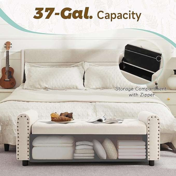 Ottoman with Storage, Tufted Storage Bench for Bedroom, 48" Fabrics End of Bed Bench, Upholstered Entryway Shoe Benches with Rolled Arm & Inner Zipper, Window Ottomans Chest with Rivets, Beige