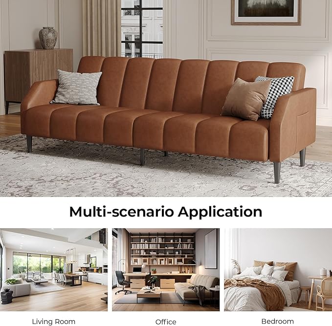 Fadware Faux Leather Couch, Convertible Futon Sofa Bed with Adjustable Backrest, Mid Century Leather Sofa Loveseat with Side Pockets& Metal Leg, Modern Leather Sleeper Sofa for Living Room Bedroom