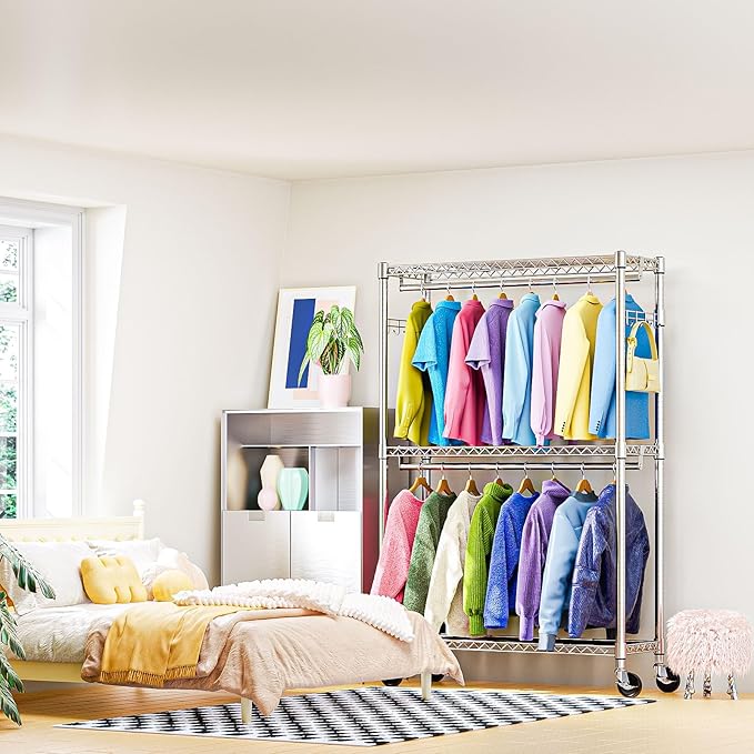 Heavy Duty Rolling Garment Rack 3 Tiers Adjustable Wire Shelving Clothes Rack with 2 Rods and Side Hooks,Storage Closet Clothing Rack with Wheels Chrome 15.7" D x 45.3" W x 79.6" H