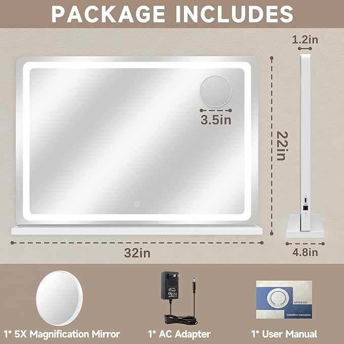 Large Vanity Mirror with Lights 32"x22", Lighted Makeup Mirror, Wall-mounted Hollywood Mirror, Touch Sensor, 3-Color Lighting, 5X Magnification, USB Port for Vanity Desk Tabletop, Bedroom, Salon