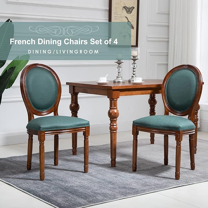 Nrizc French Country Dining Chairs Set of 4, Farmhouse Dining Room Chairs with Round Back, Solid Walnut Wood Legs, Oval Side Chairs for Kitchen/Bedroom/Dining Room