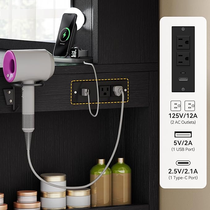 DWVO Vanity Desk with Mirror, Power Outlet and 10 Lights, Big Vanity Makeup Table with 4 Drawers and 8 Open Storage Shelves, 3 Color Modes Adjustable Brightness for Bedroom, Black