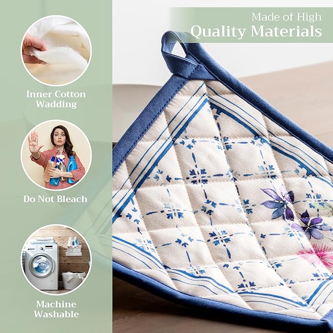 Maison d' Hermine Pot Holders 100% Cotton Heat Resistant Potholders 8" x 8" Hot Pads with Loop BBQ, Cooking, Baking, Grilling, Kitchen, Handling Hot Pans Spring/Summer (Pack of 1, Faience)