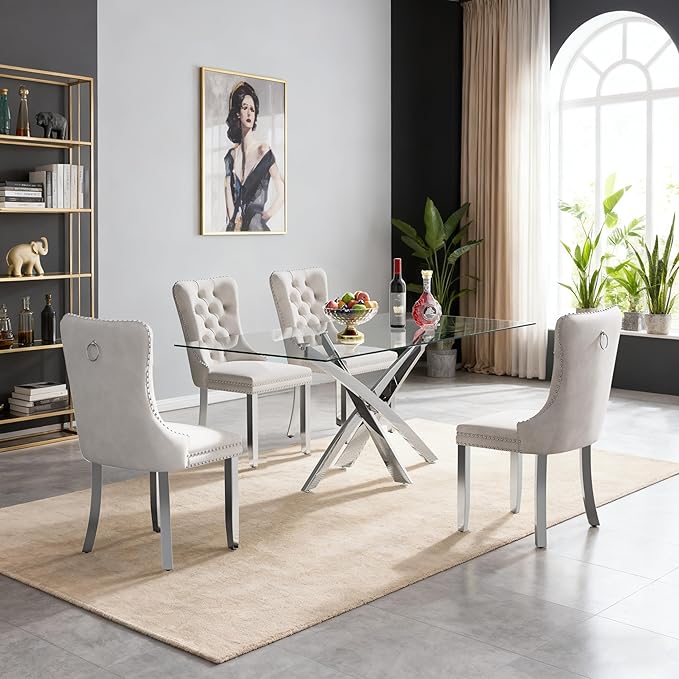 Goujxcy 51" Glass Dining Table Set for 4, Modern Kitchen Table and Chairs Set w/Steel Legs, 5-Piece Dining Table Set w/Glass Silver Dining Table and 4 Beige Velvet Chairs for Kitchen Dining Room