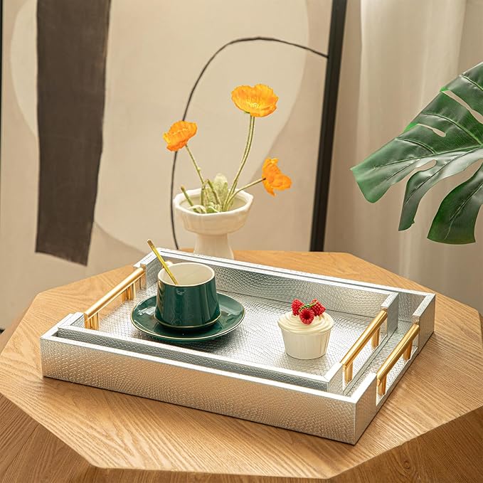 2 Piece Woven Leather Ottoman Tray with Gold Handles, Perfect Rectangular Serving Tray for Living Room, Coffee Table Tray as Thoughtful Gift for Home Decor Enthusiasts (Sliver)