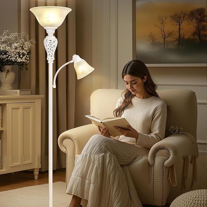 Torchiere Floor Lamp with Adjustable Reading Light, 72" Tall Vintage Lamp with White Glass Shade, Farmhouse Standing Lamp, Rustic LED Floor Lamp for Living Room Bedroom Office Corner, Bulbs Included