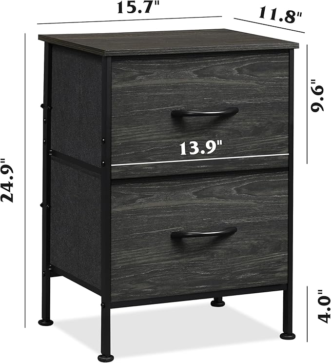 WLIVE Nightstand, Nightstand with 2 Drawers, Bedside Furniture, Night Stand, Small Dresser for Bedroom, College Dorm, End Table with Fabric Bins, Dormitory, Charcoal Black Wood Grain Print, Size L