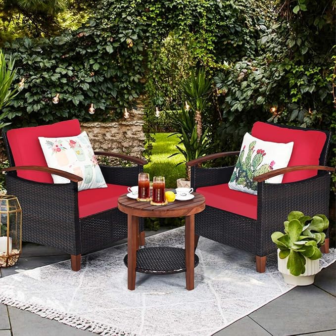 Tangkula 3 Pieces Patio Furniture Set, Outdoor Rattan Sofa and Side Table w/Solid Acacia Wood Frame, High Load Bearing Conversation Bistro Set w/Washable and Removable Cushions (Red)